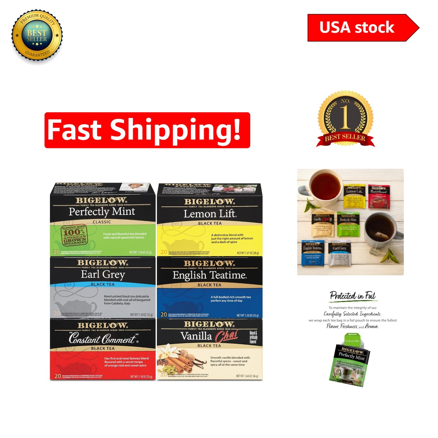 Bigelow Assorted Black Tea Pack – 6 Flavors for Anytime Enjoyment, 120 Count