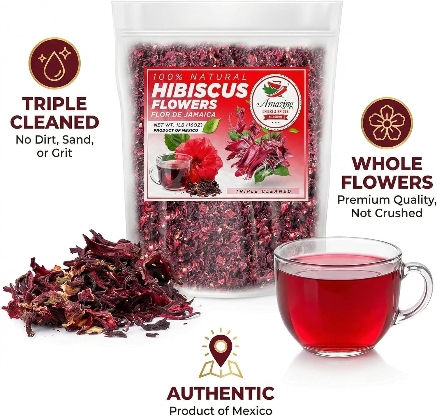 Hibiscus Flowers 1lb 16oz – All Natural, Triple Cleaned – Whole Soft Flowers …