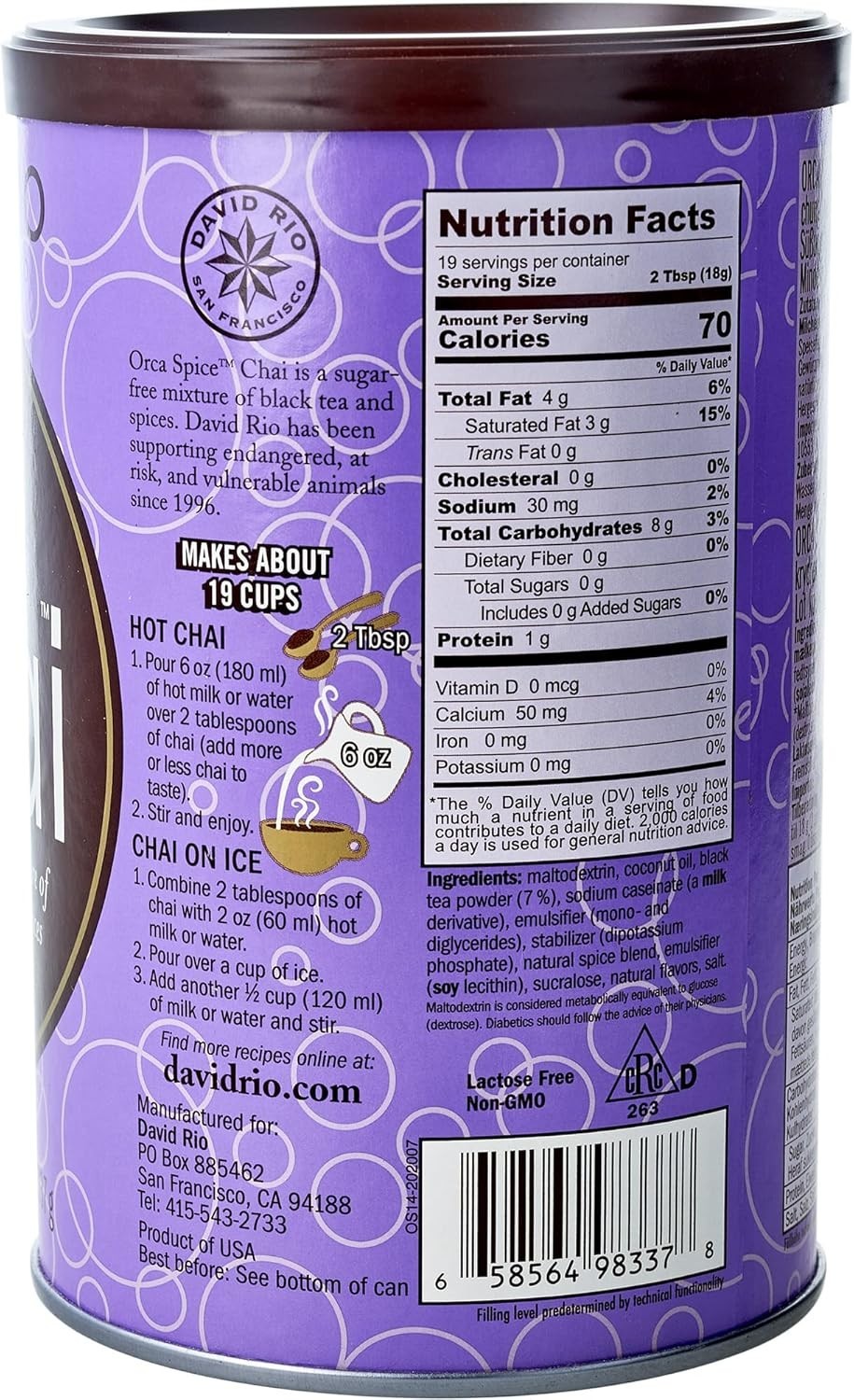 Orca Spice Reduced Calorie Chai Tea Latte Mix, 11.9 Oz, Black Tea, Organic Sp…