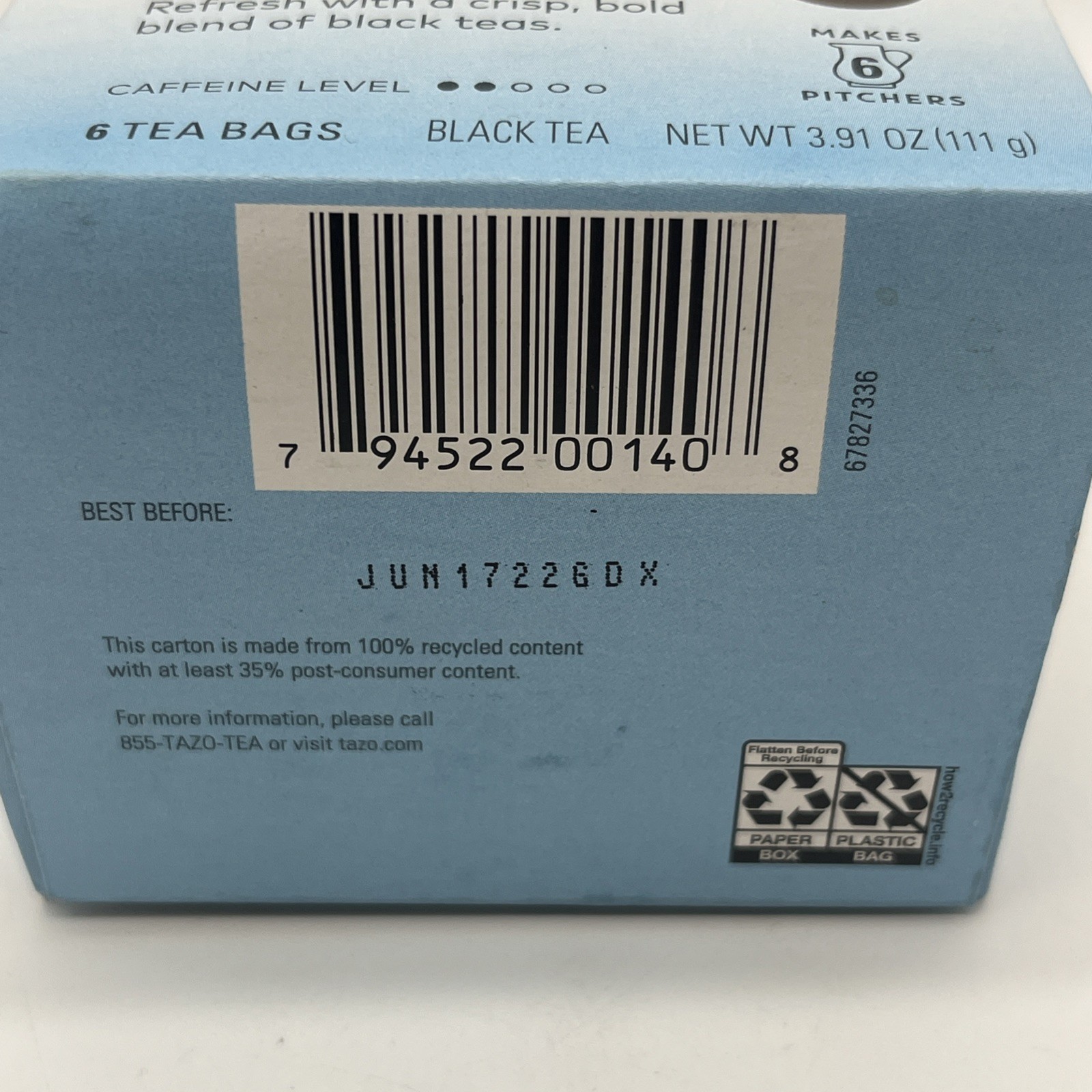 Tazo Iced True Black 6 Tea Bags Discontinued Makes Pitchers BB 6/17/22 Unilever