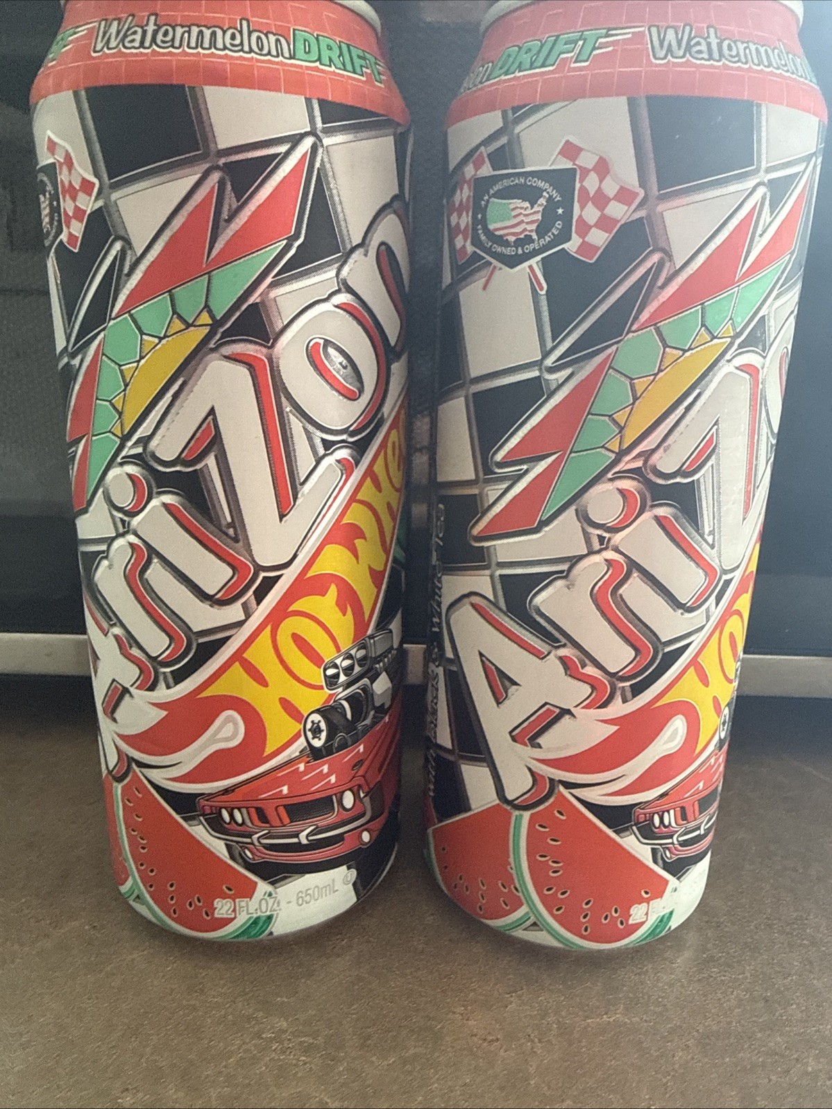 Two Cans Of Arizona x Hot Wheels Watermelon Drift Black And White Tea