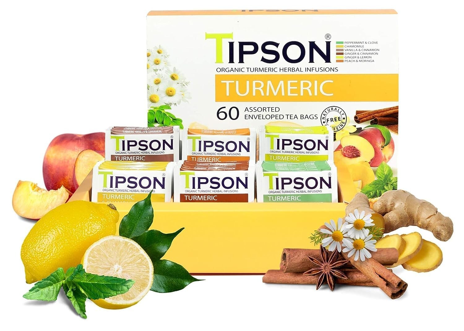 Tipson Organic TUMERIC Herbal Tea Infusions 60 Bags Assorted Sampler 6 Flavors