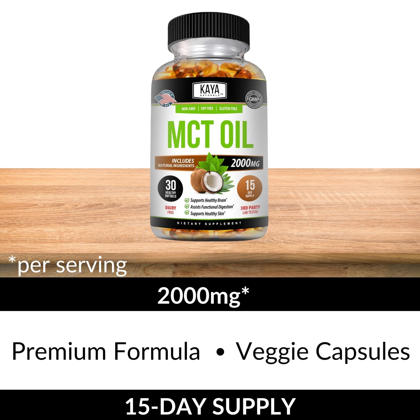 Kaya Naturals MCT Oil 2000mg – Non-GMO, Soy-Free, 30 Count (Pack of 1)