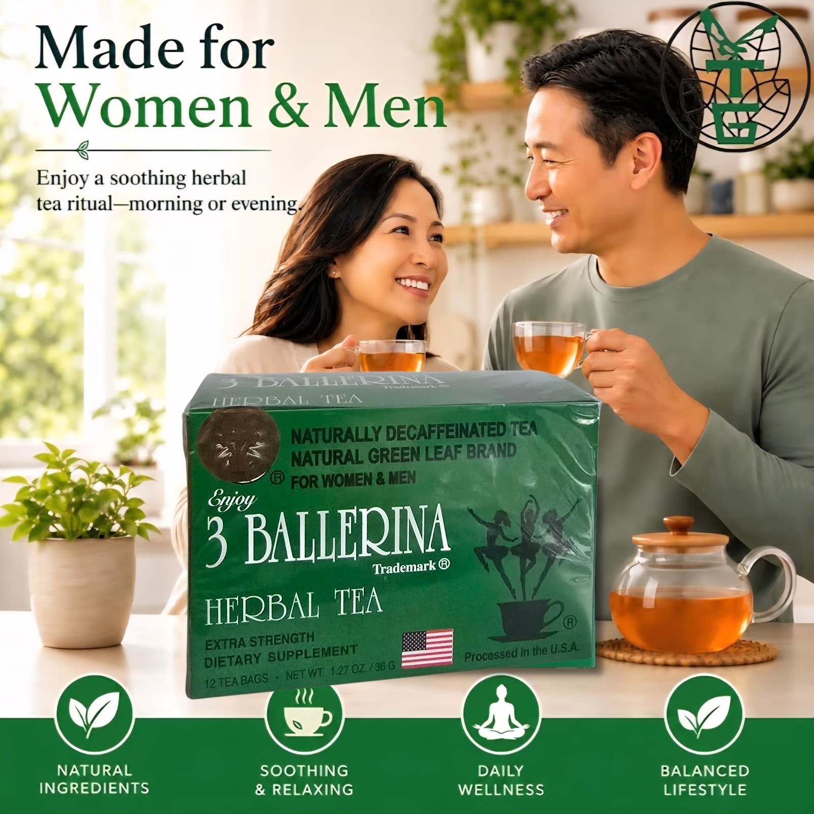 3 Ballerina Diet Tea Extra Strength Caffeine-Free Herbal Tea Bags for Digestion