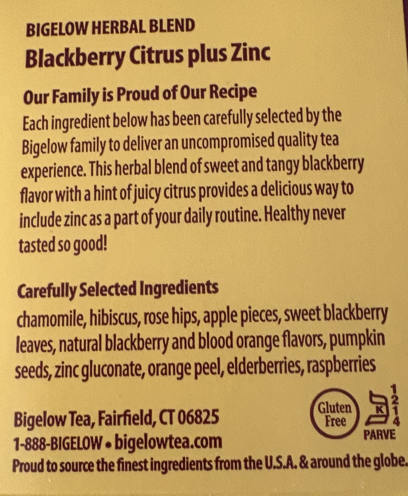 (4 pack) Bigelow Blackberry Citrus Plus Zinc, Herbal Tea Bags, 18 Count