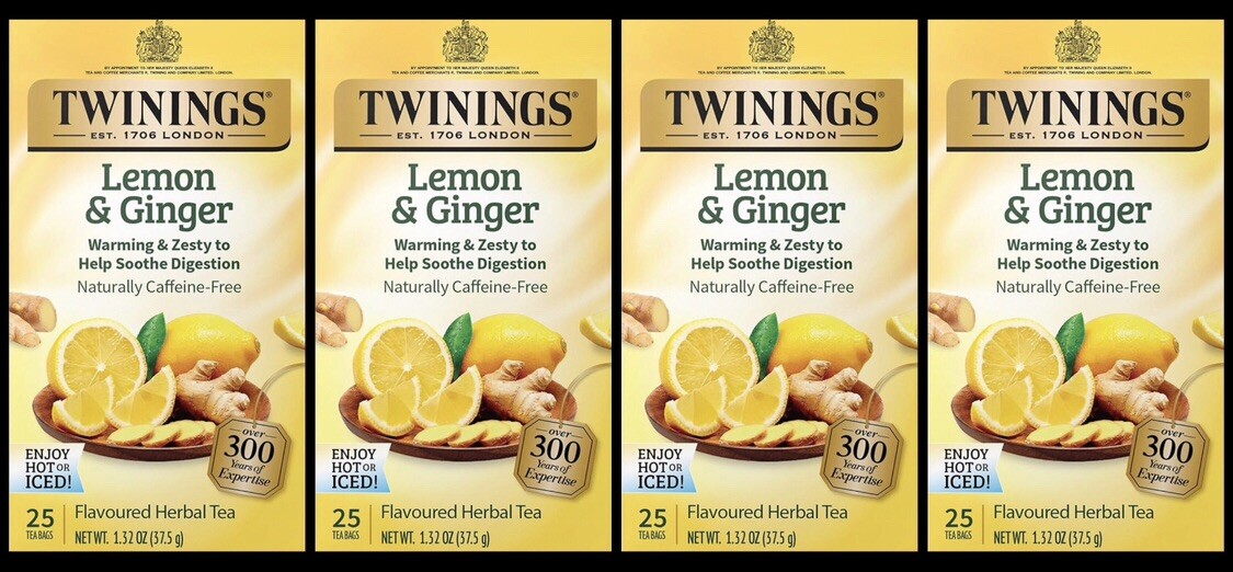 4 Box Twinings Lemon & Ginger Herbal Tea, Caffeine Free 100 Tea Bags 1.32 oz EA