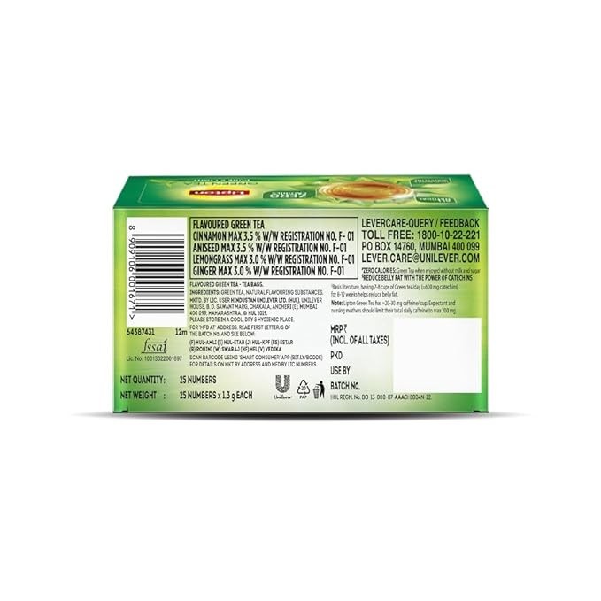 Lipton Lemongrass Ginger Green Tea 25 Bags | Detox & Weight Management | 33g