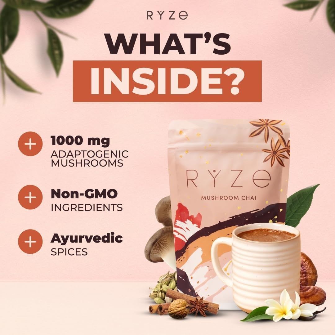 RYZE Organic Mushroom Chai Tea with 6 Adaptogenic Mushrooms, Lion’s Mane, Tur…