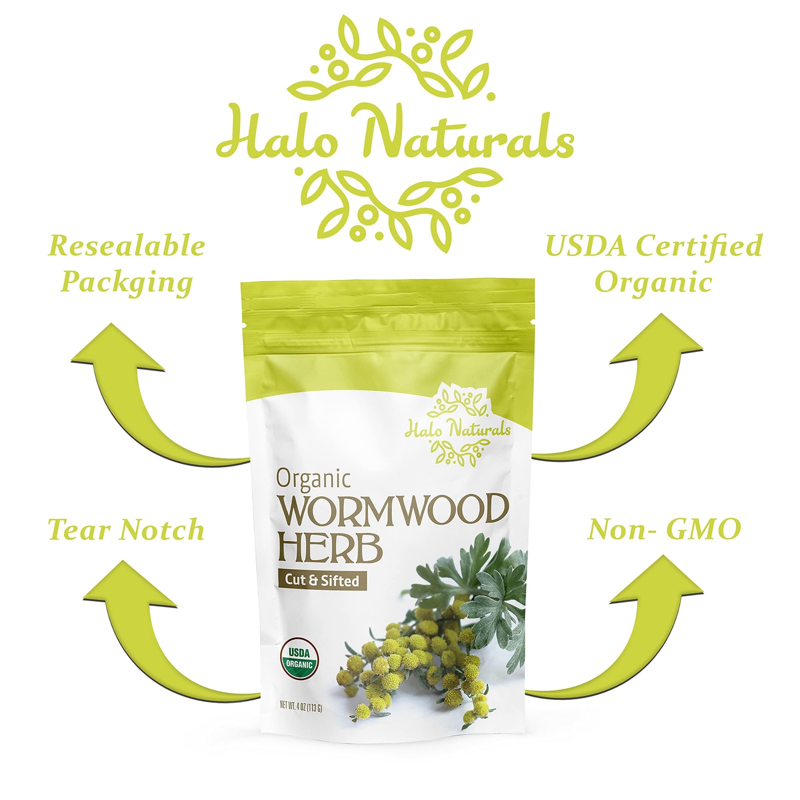 Organic Wormwood Herb Tea, 4oz – USDA Certified, Non-GMO, Vegan, Resealable USA