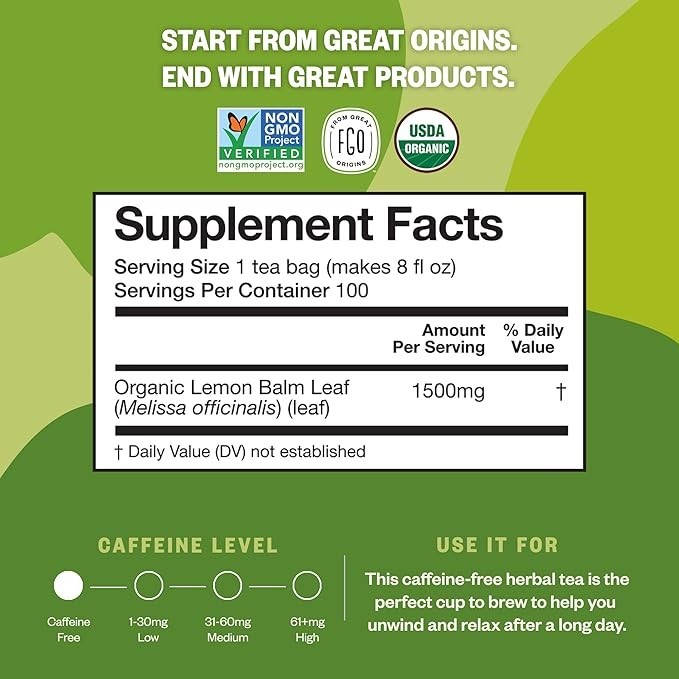 FGO Organic Lemon Balm Tea Bags – 100 Count, Eco-Friendly-5 Layer Resealable Bag