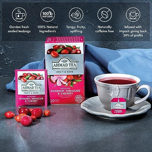 Ahmad Tea Rosehip Hibiscus Cherry Infusion Herbal Tea 20 Count Caffeine Free