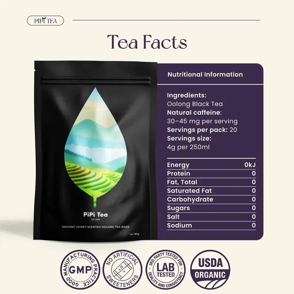 PiPi Tea Organic Oolong Tea Bags–Whole Leaf, 20 Bags(4g Each)–Cortisol & Calming