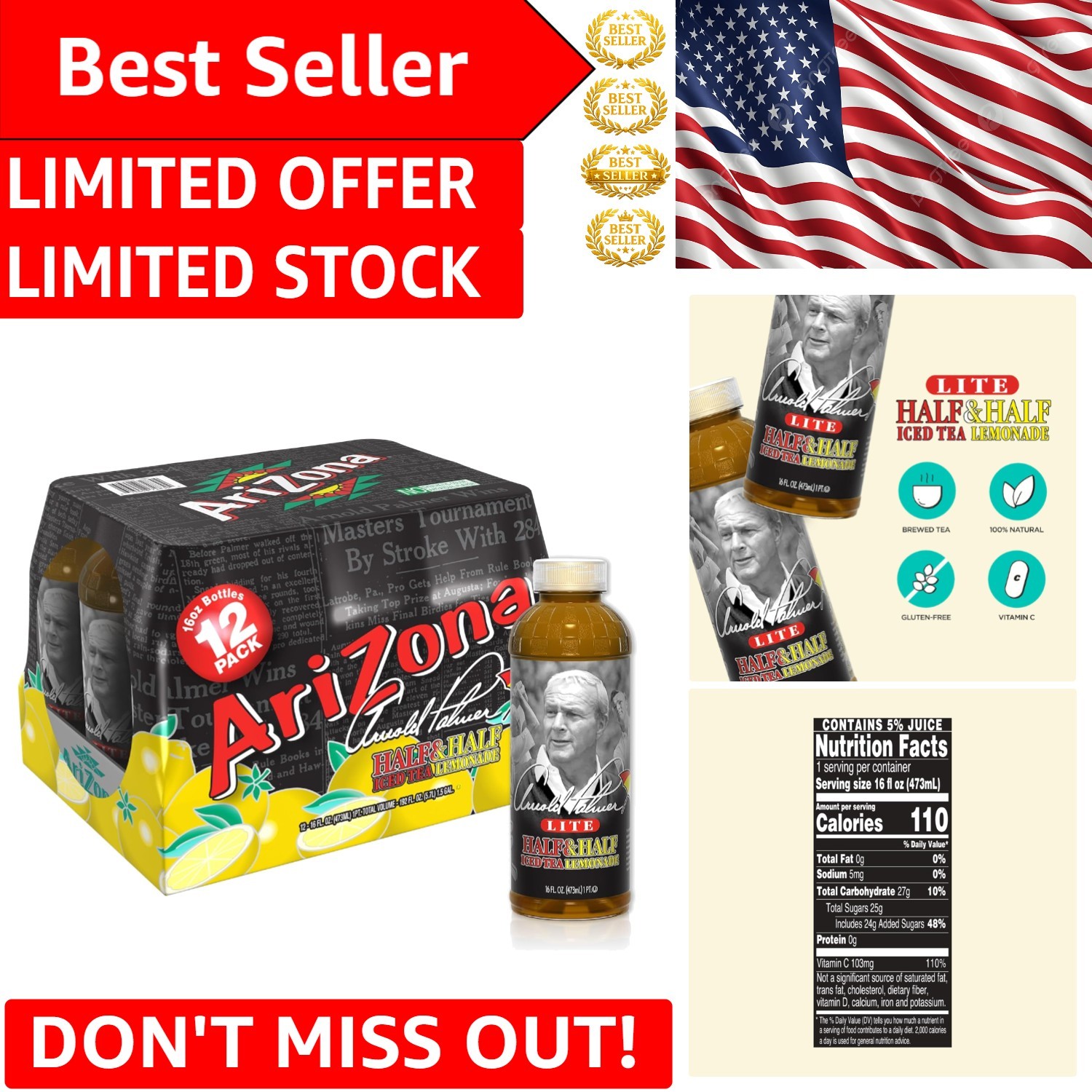 Natural Arnold Palmer Tea – 16oz Bottles, 12-Count, Low Calorie Refreshment