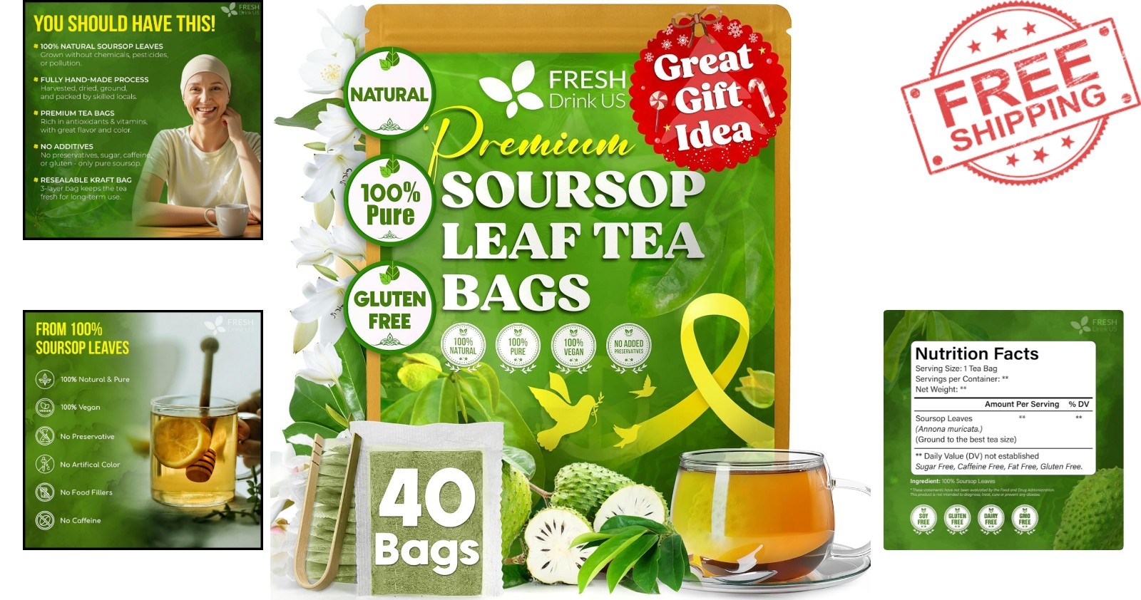 Soursop Graviola Leaf Tea – 40 Bags, Caffeine & Gluten-Free Herbal Wellness