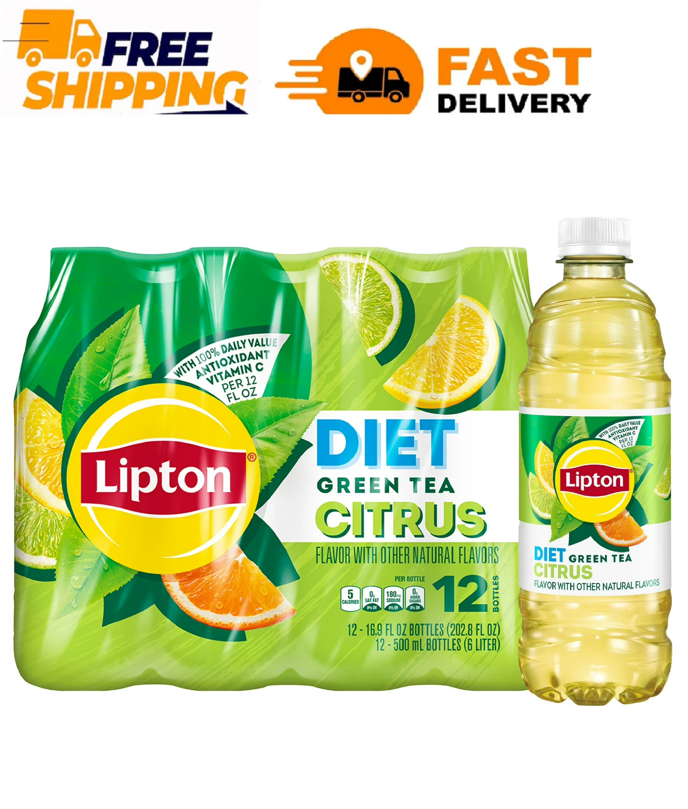 Lipton Diet Green Tea Citrus Iced Tea, Bottled Tea Drink, 16.9 fl oz, 12 Pack Bo