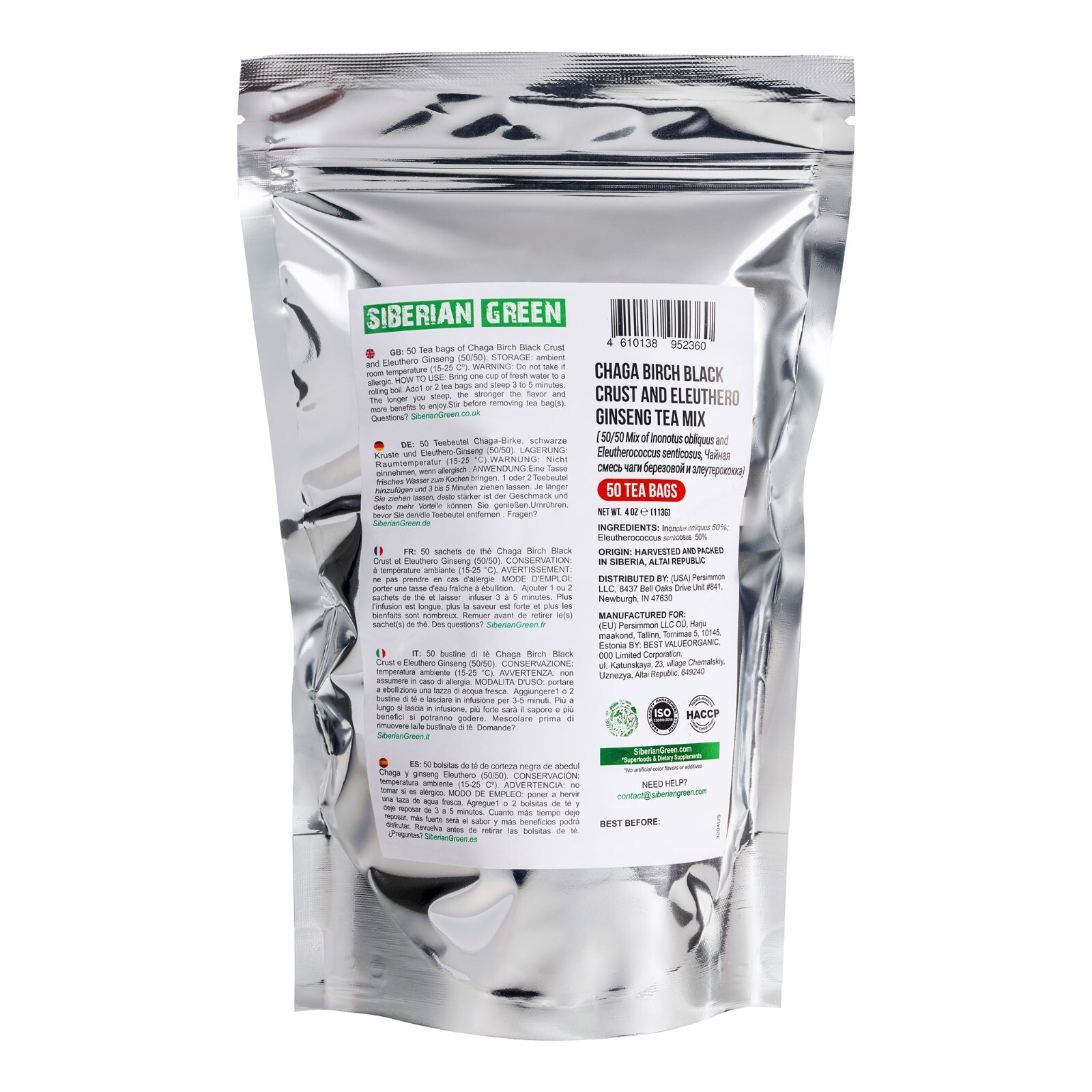 Siberian Chaga Tea with Eleuthero Root | 50 Tea Bags for Energy & Wellness