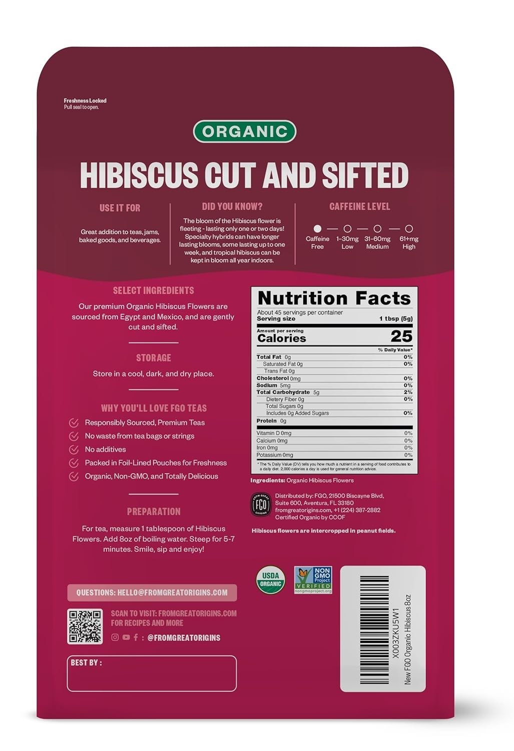 Organic Hibiscus Flowers, Cut and Sifted, Loose Tea, 8oz Resealable Bag, Pack…