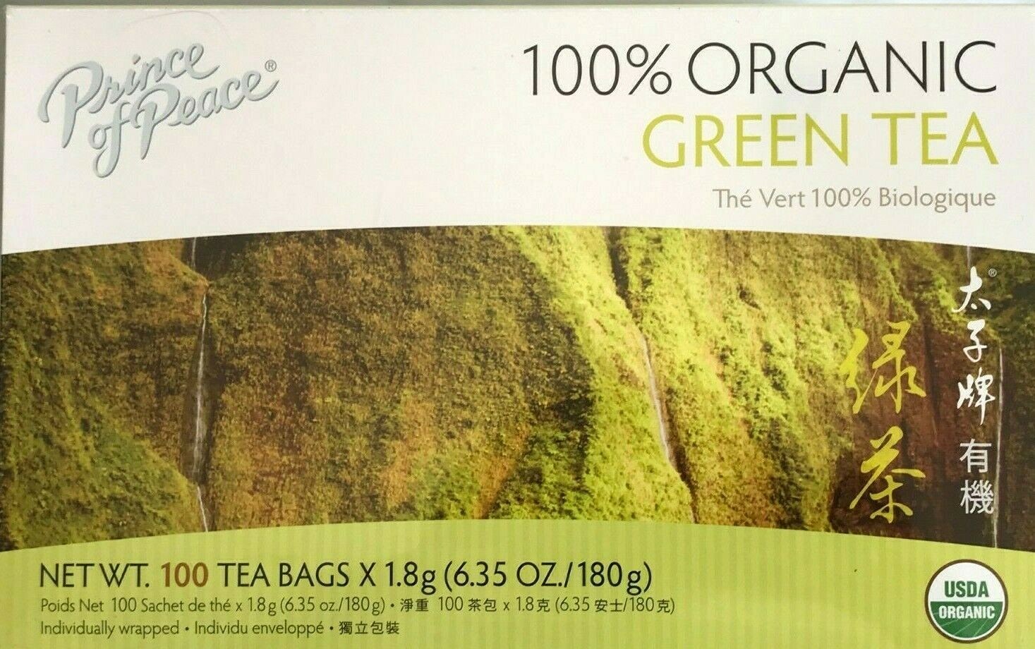 1 Box, Prince of Peace 100% Organic Green Tea, 6.35 Oz / 180g – 100 Tea Bags