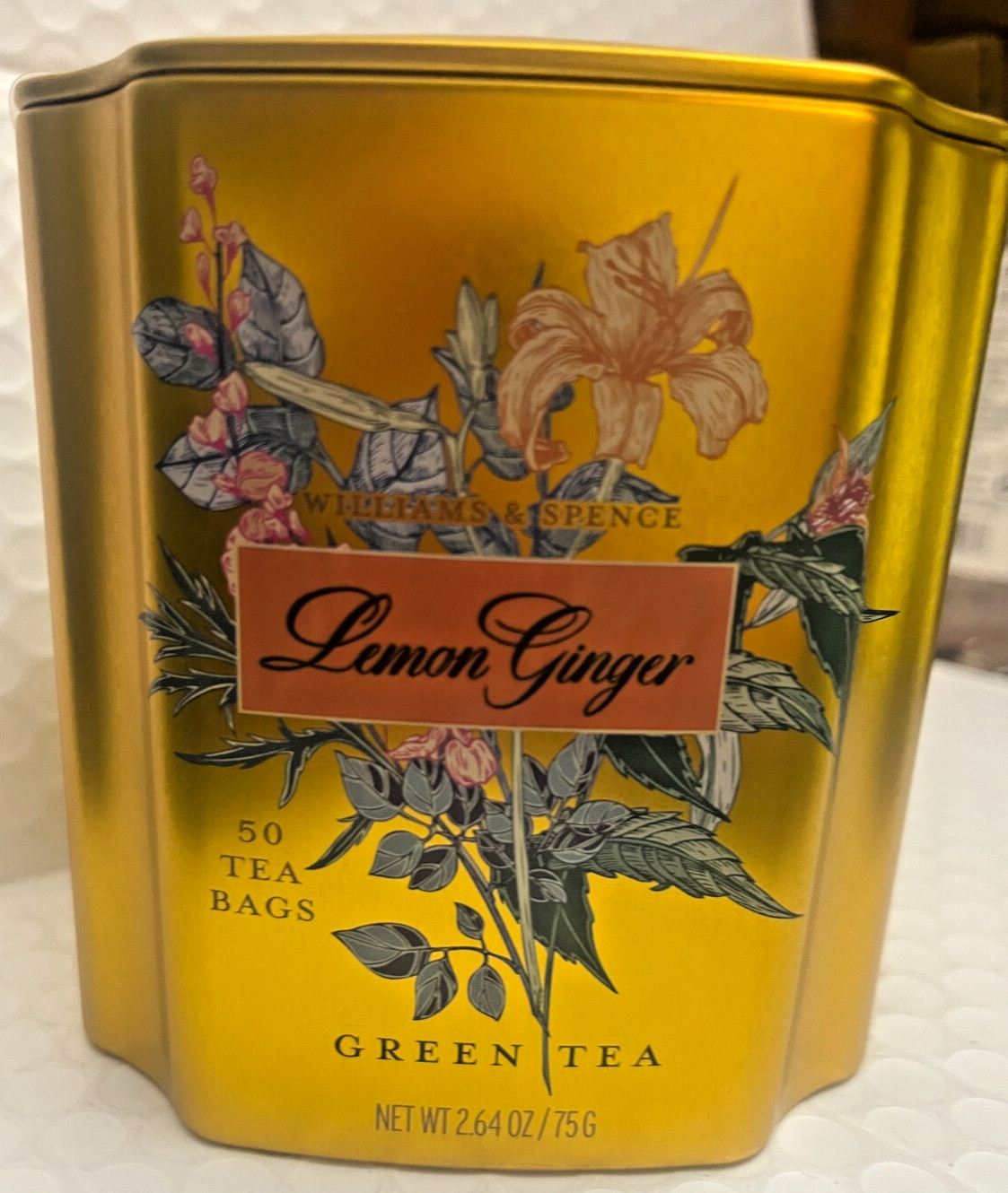 WILLIAMS & SPENCE LEMON GINGER GREEN TEA 50BAGS IN BEAUTIFUL FLORAL TIN