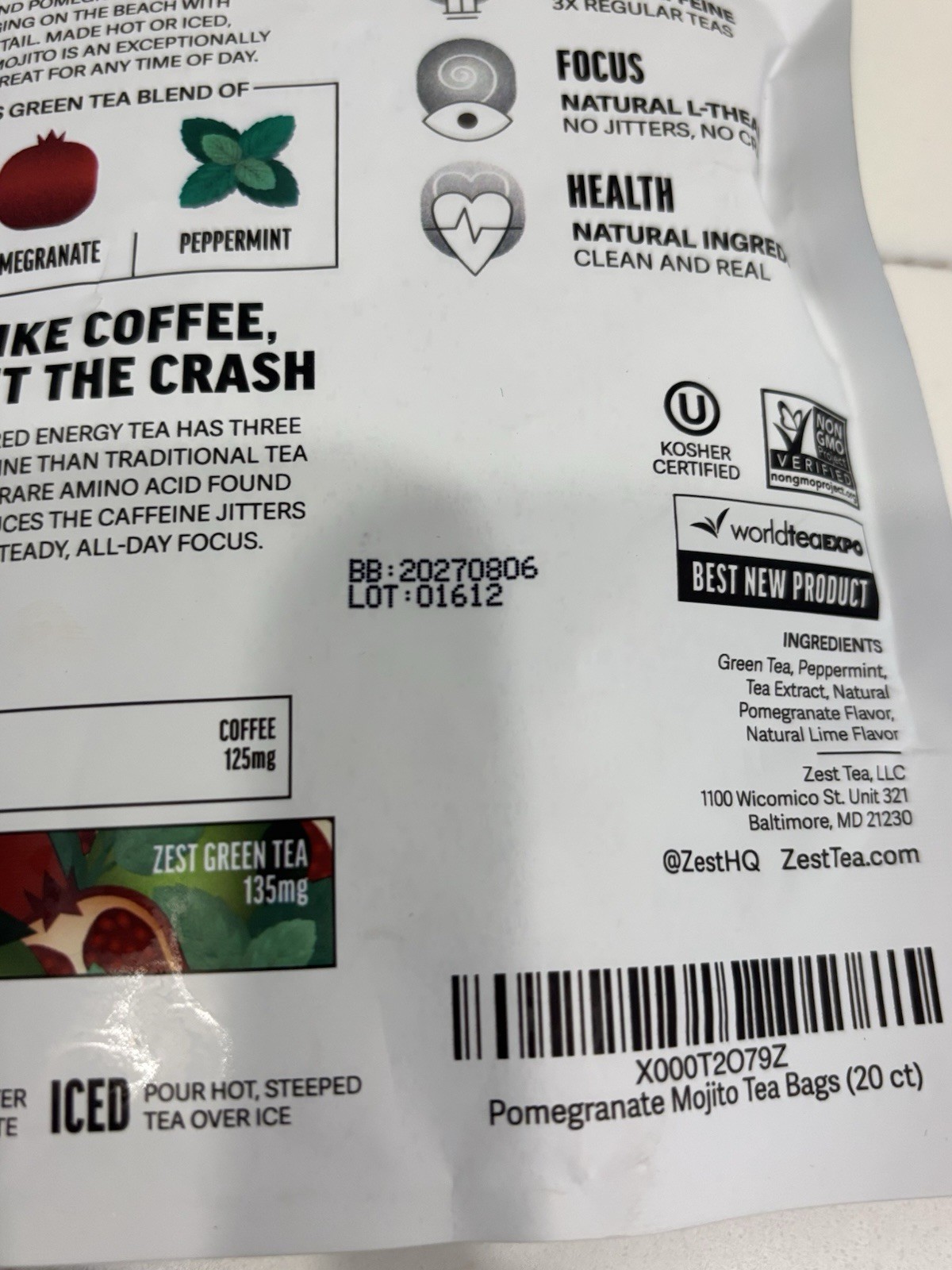 135mg Caffeine Energy Leaf Blend – Pomegranate Mojito Green Tea – 20 Pack