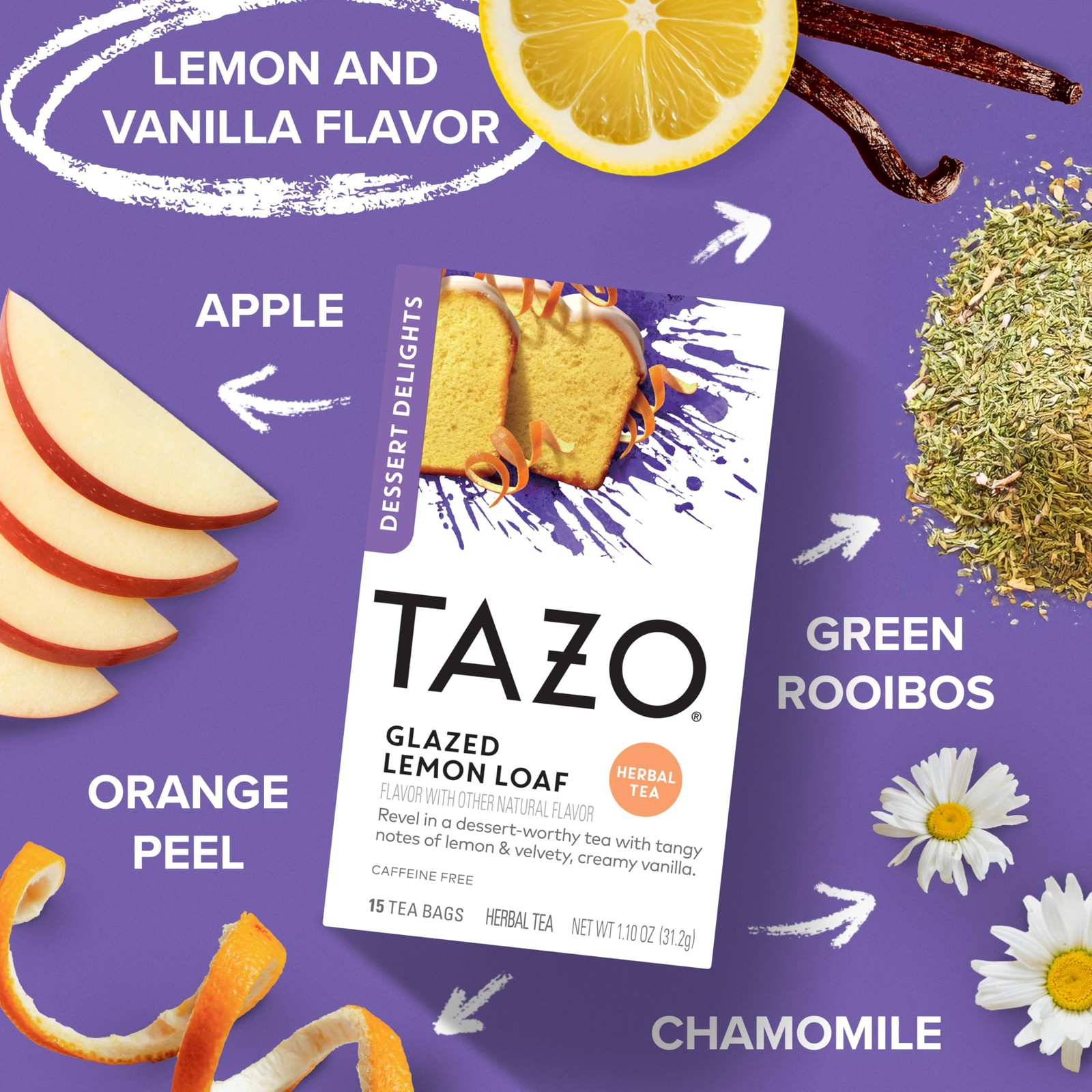 TAZO Dessert Delights Glazed Lemon Loaf Herbal Tea Bags, 15 Count (Pack of 6)