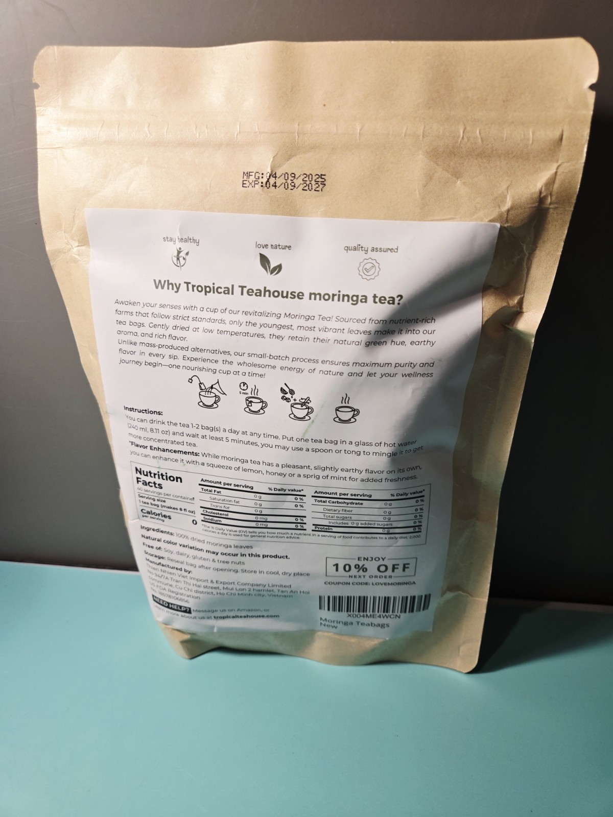 Tropical Teahouse 40 Pure Moringa Tea Bags – 2.82oz – Natural Moringa. Exp4/9/27