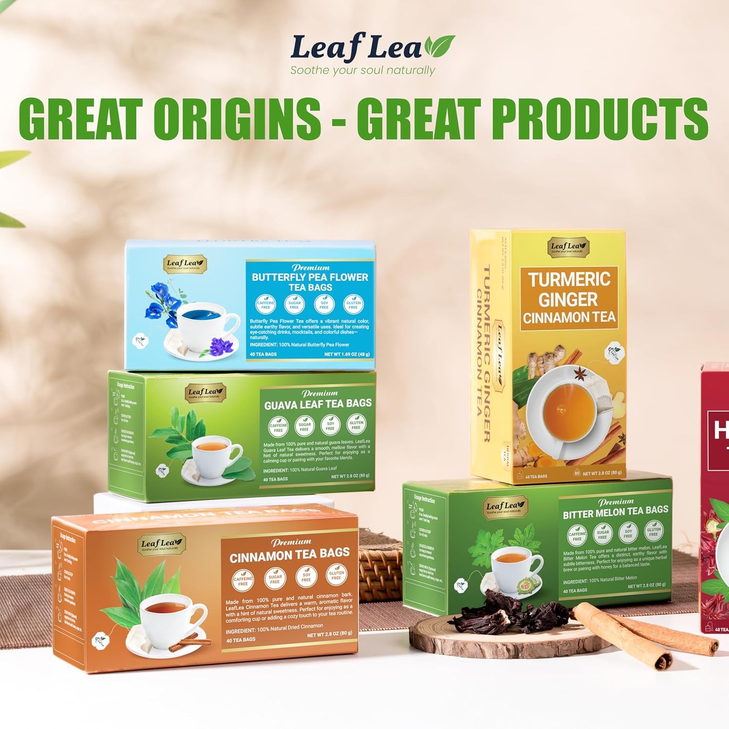 LeafLea 40 Turmeric Ginger Cinnamon Tea Bags, 100% Natural Ingredients Herbal Te