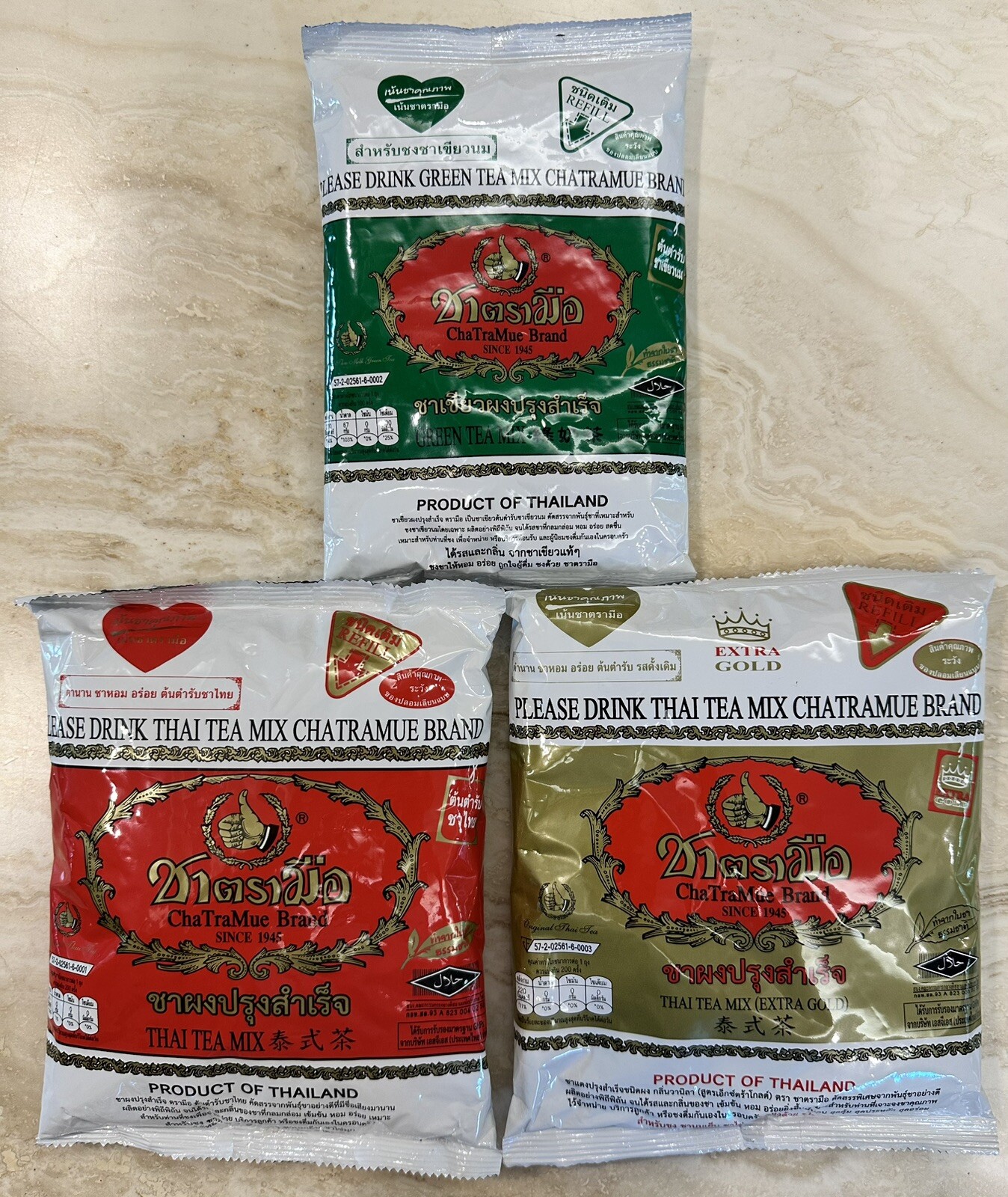 CHATRAMUE Extra Gold (400g), Thai Tea (400g) and Green Tea Mix (200g)