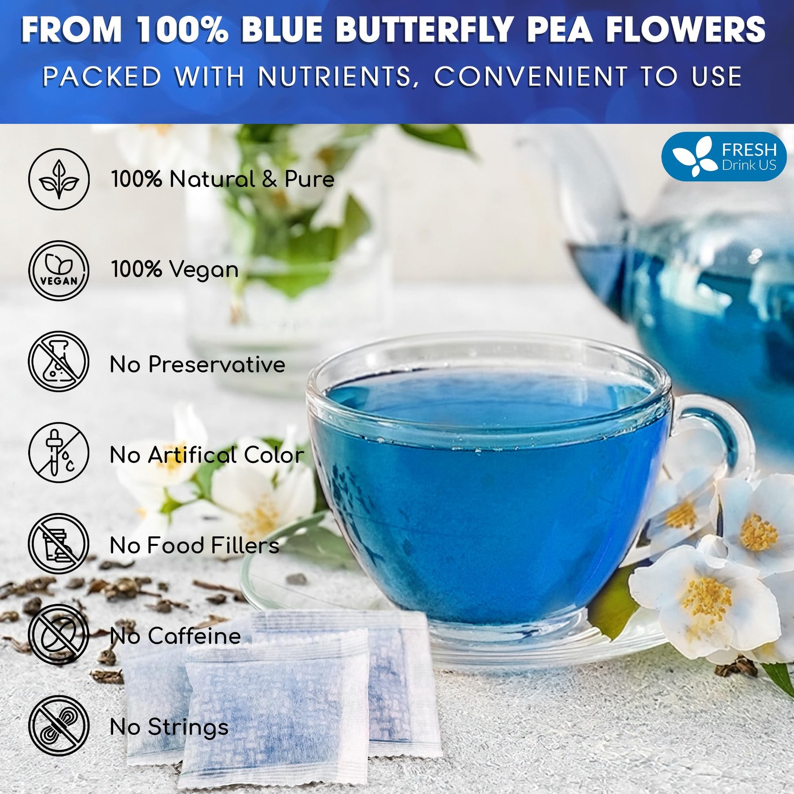 FreshDrinkUS, Premium 75 Tea Bags Blue Butterfly Pea Flowers, 75