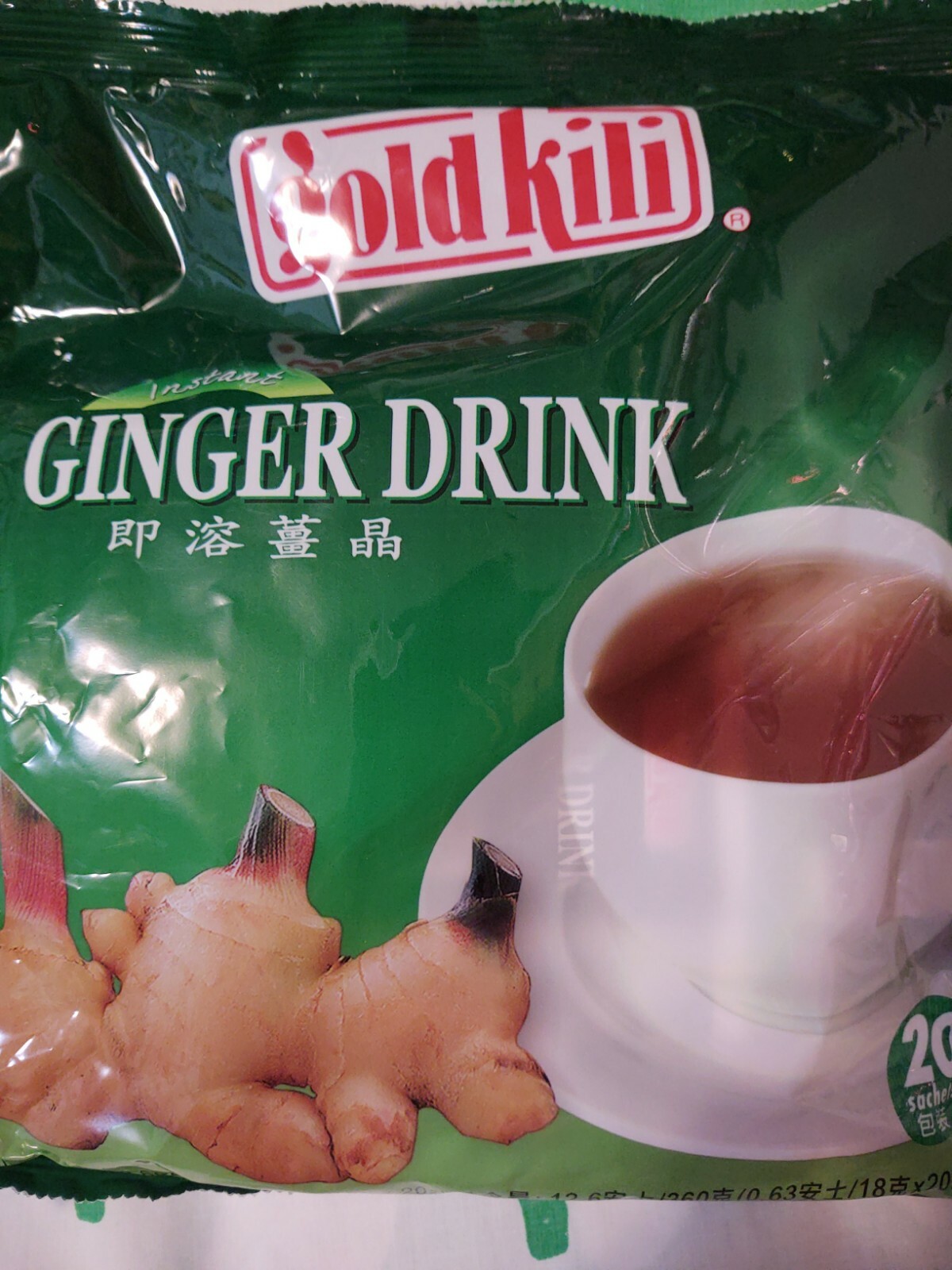 Gold Kili Natural Instant Honey Ginger Tea Drink, 360g Bag (20 Sachets)