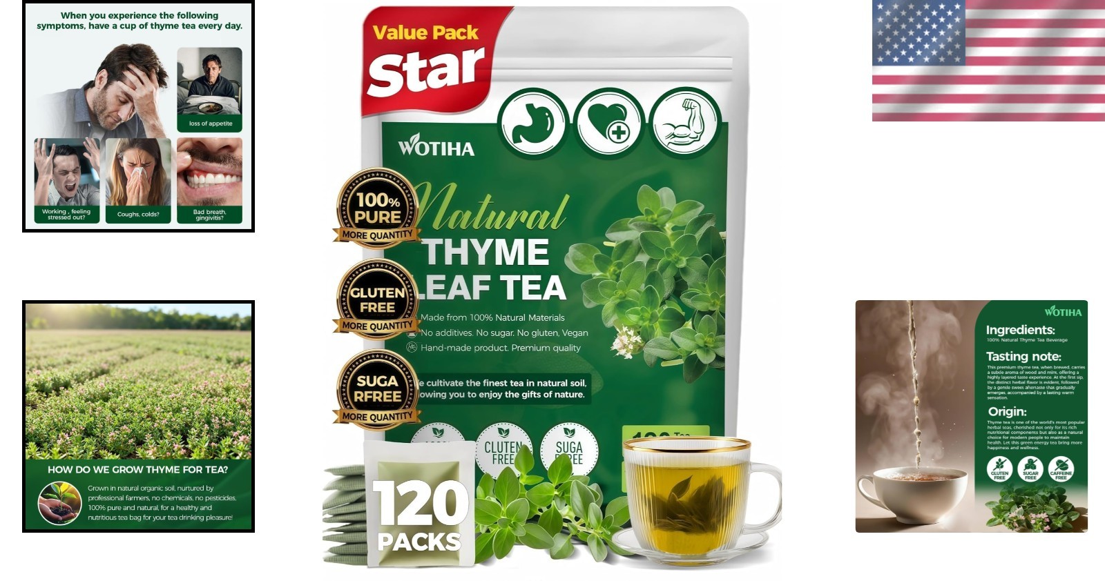 120 Count Thyme Leaf Tea Bags – 100% Natural & Pure Herbal Tea, Suppo…