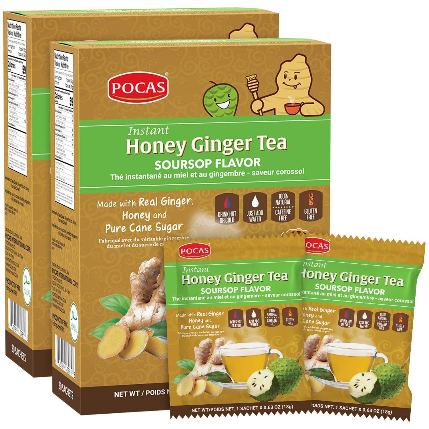 Pocas Honey Ginger Tea Soursop Instant Non GMO Gluten Caffeine Free 20 Ct 2 Box