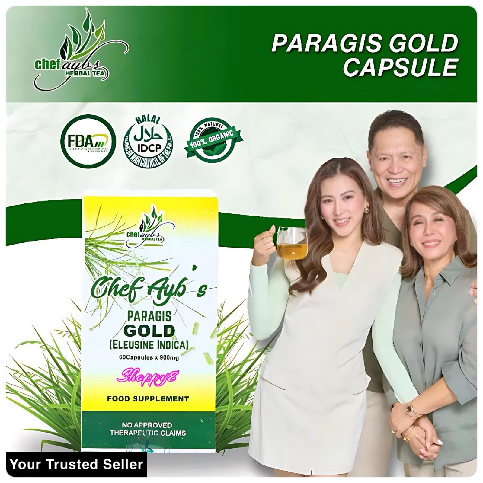 Chef Aybs Paragis Gold 900mg 60 Caps + Paragis Moringa & Guyabano Tea 20 Sachets
