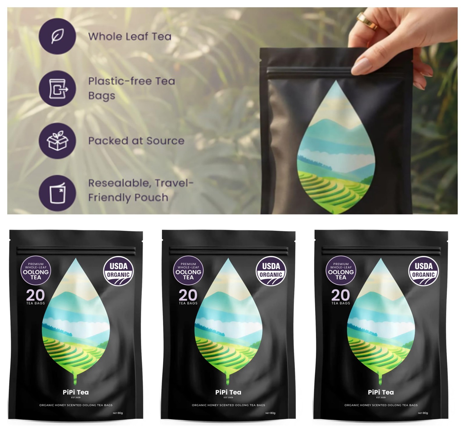 PiPi Tea Organic Oolong Tea Bags Whole Leaf 20Bags(4g) Cortisol & Calming Tea