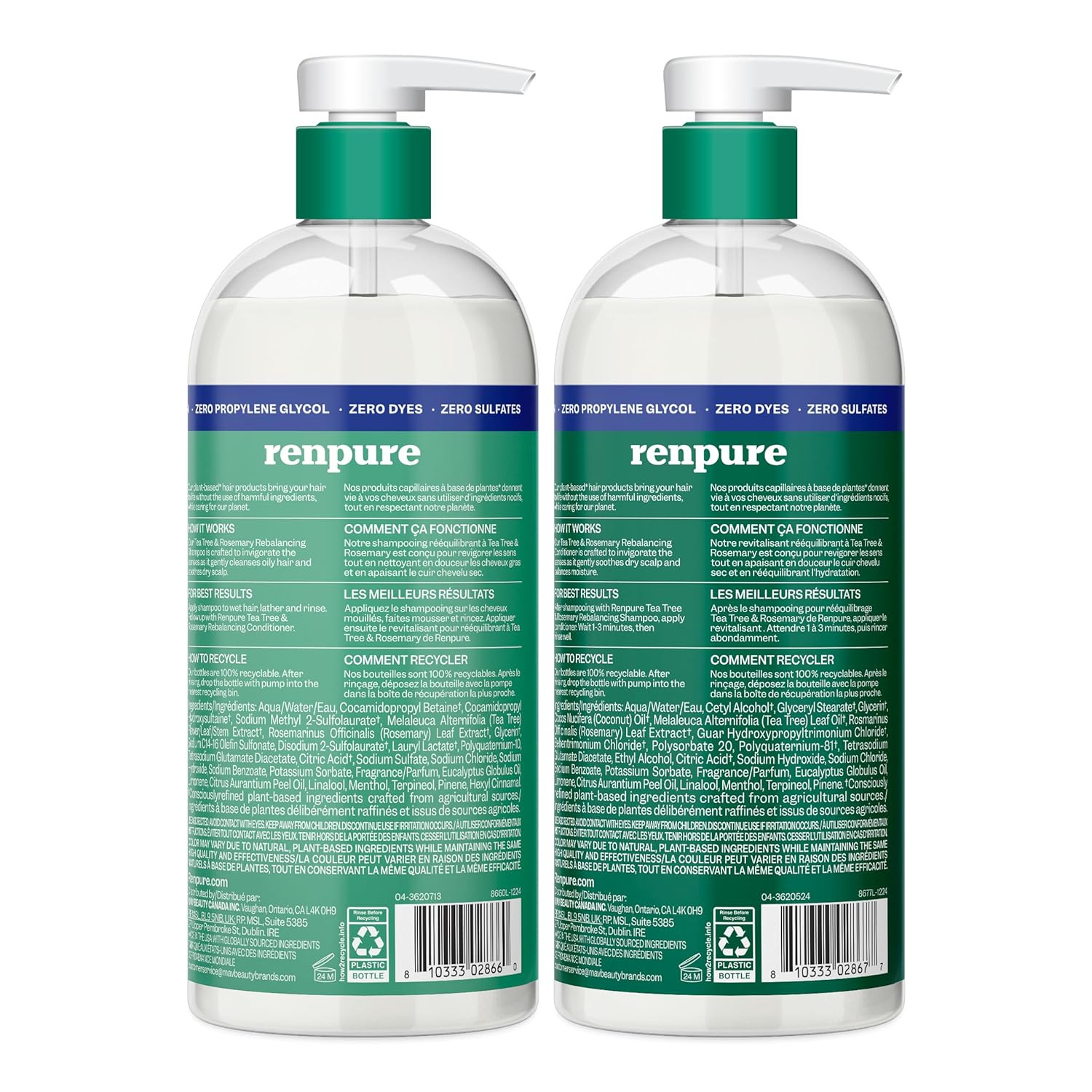 Renpure Tea Tree & Rosemary Shampoo and Conditioner Set, Plant Based – Refreshes