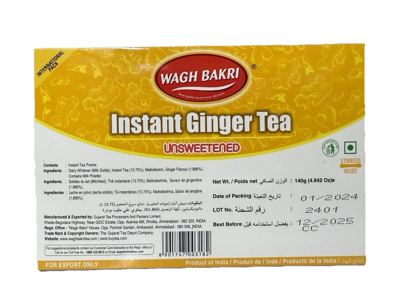 Wagh Bakri Ginger Instant Chai Tea Premix, Unsweetened – 140g