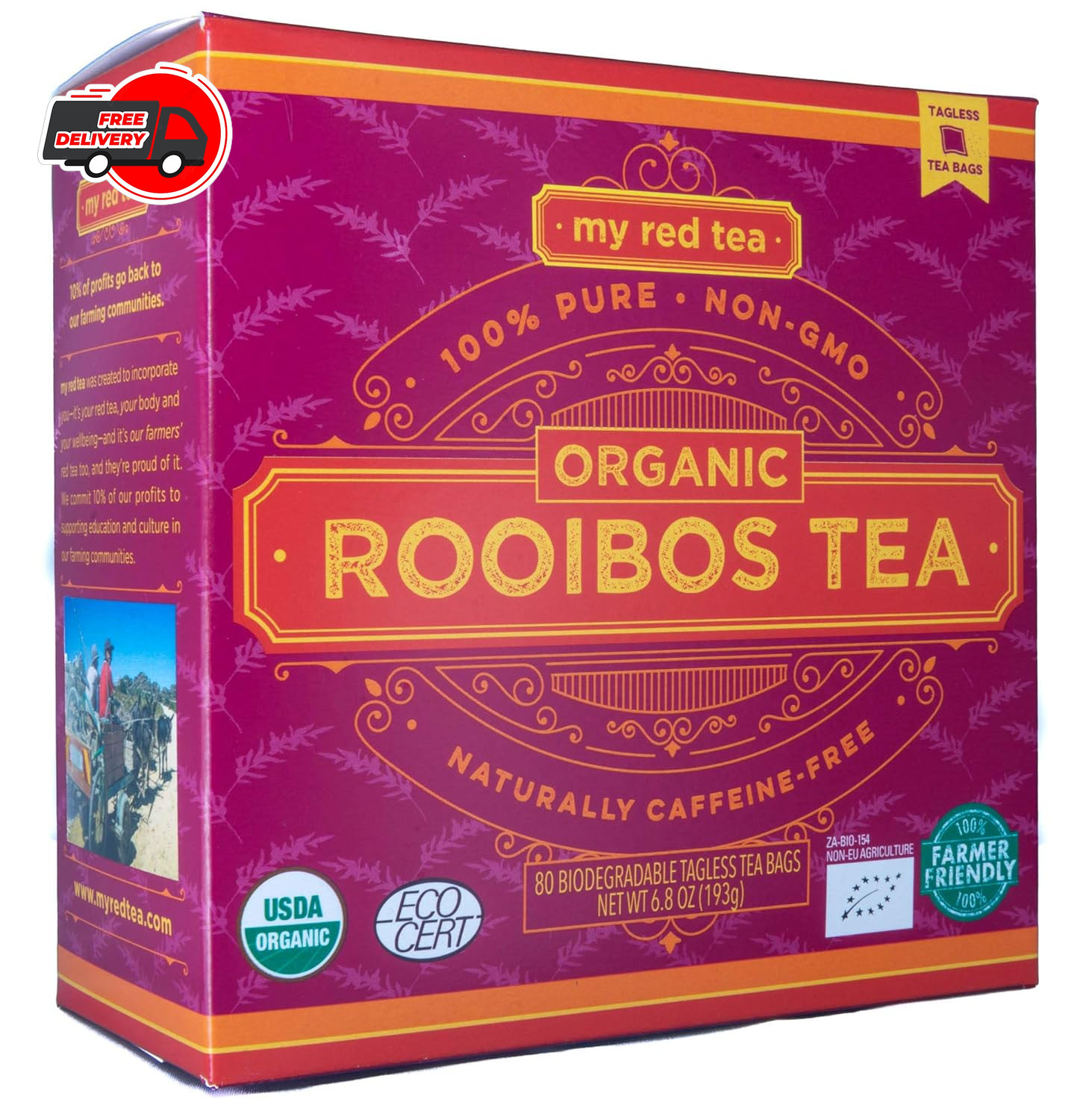 Rooibos Tea USDA Certified Organic MY RED TEA Tagless South African 100% 80 Bags