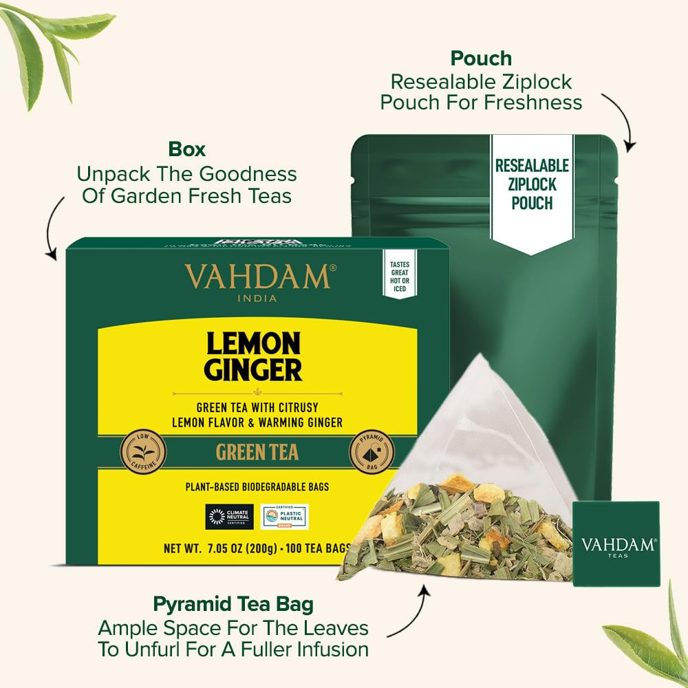, Lemon Ginger Tea Bags (100 Green Tea Bags) Low Caffeine | Fruity Flavor – Zest