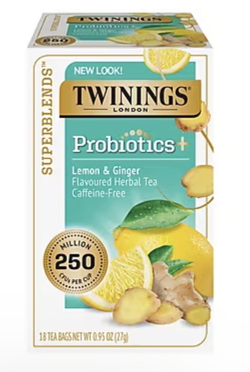 Twinings Probiotics+, Lemon & Ginger Herbal Tea Bags, Caffeine Free, 18 Count