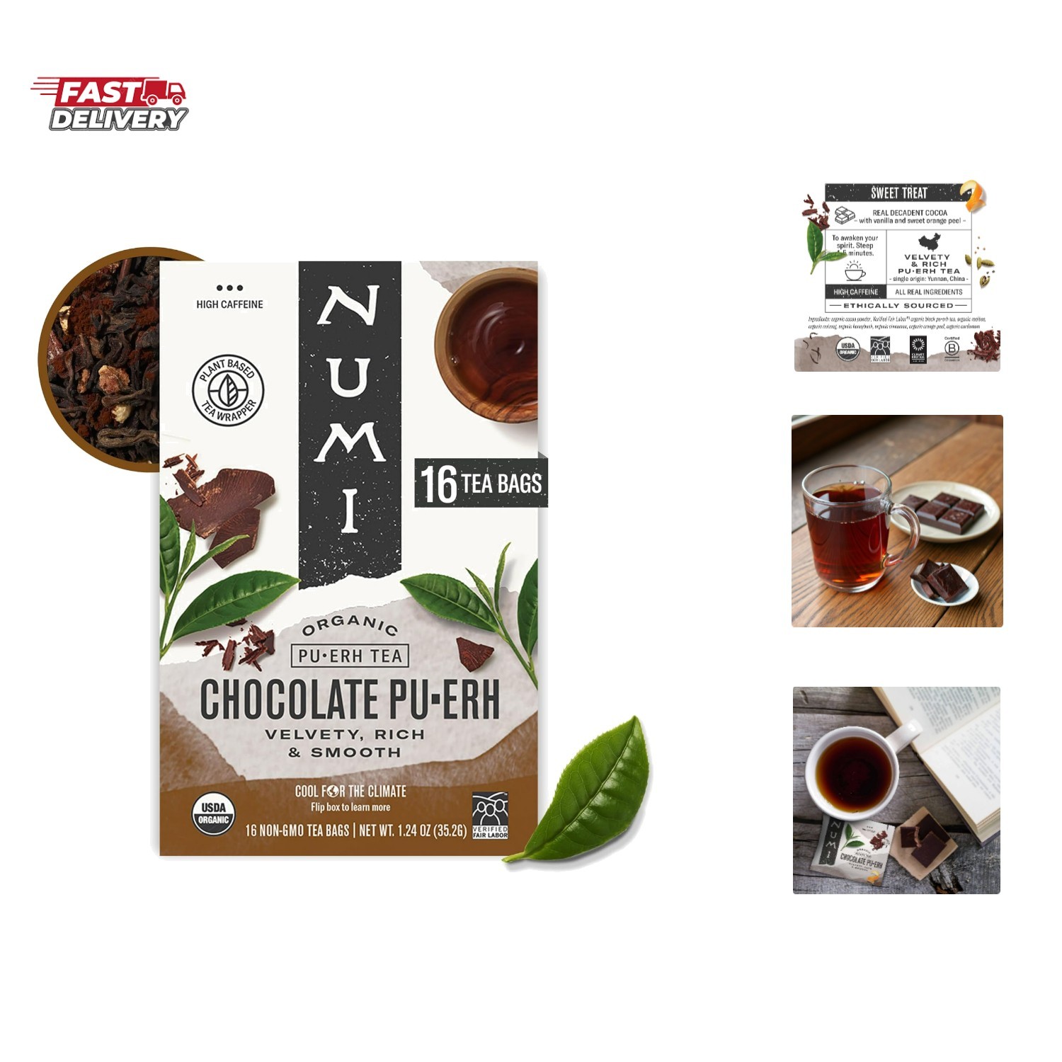 Organic Chocolate Pu-erh Tea, 16 Dark Tea Bags, Aged Yunnan Pu-erh Tea with C…