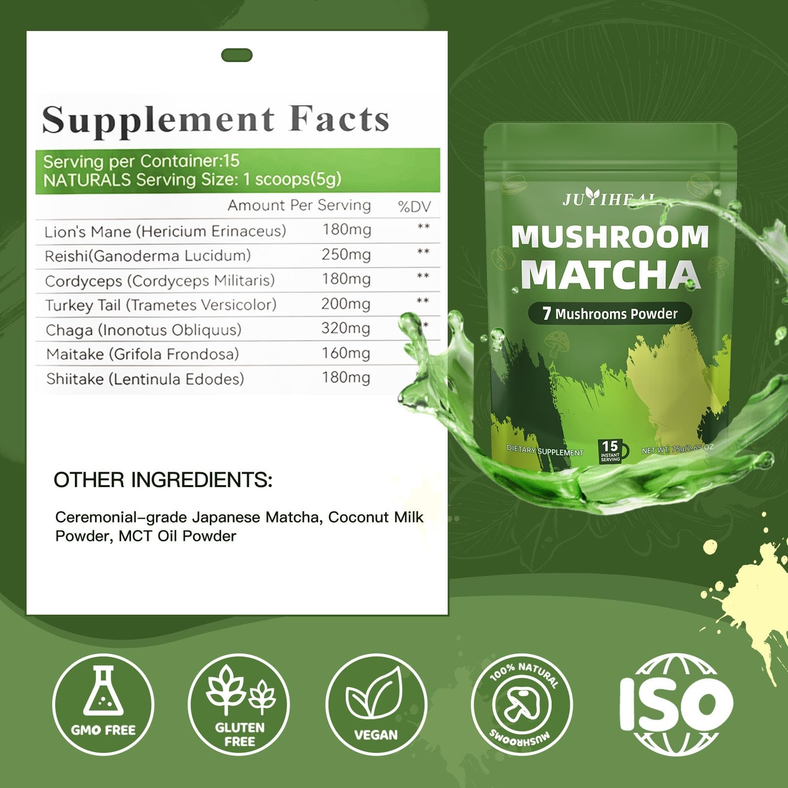 JUYIHEAL Mushroom Matcha | Japanese Ceremonial Infused with 7 75g