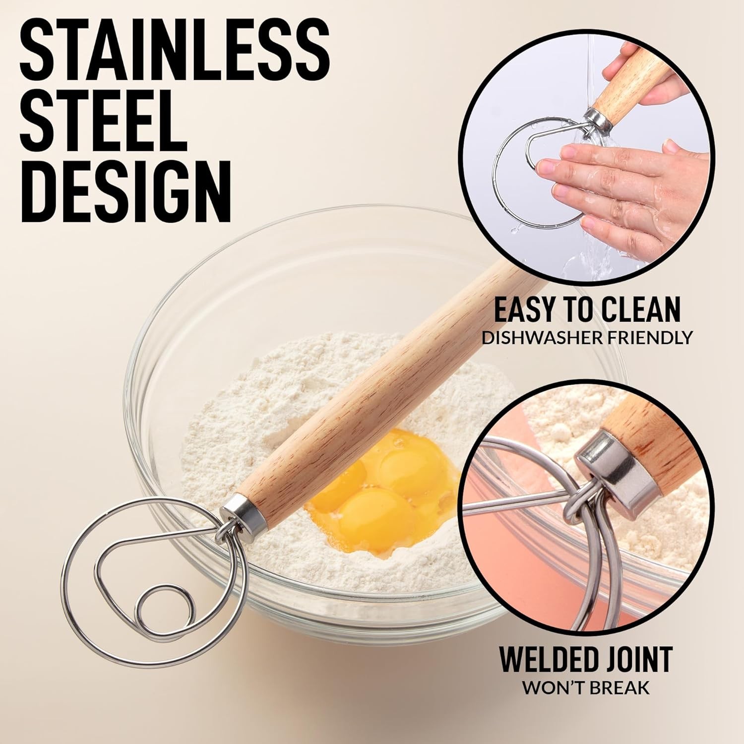 Zulay Kitchen 13-Inch Danish Dough Whisk – Wooden 1 Pack, Rubberwood
