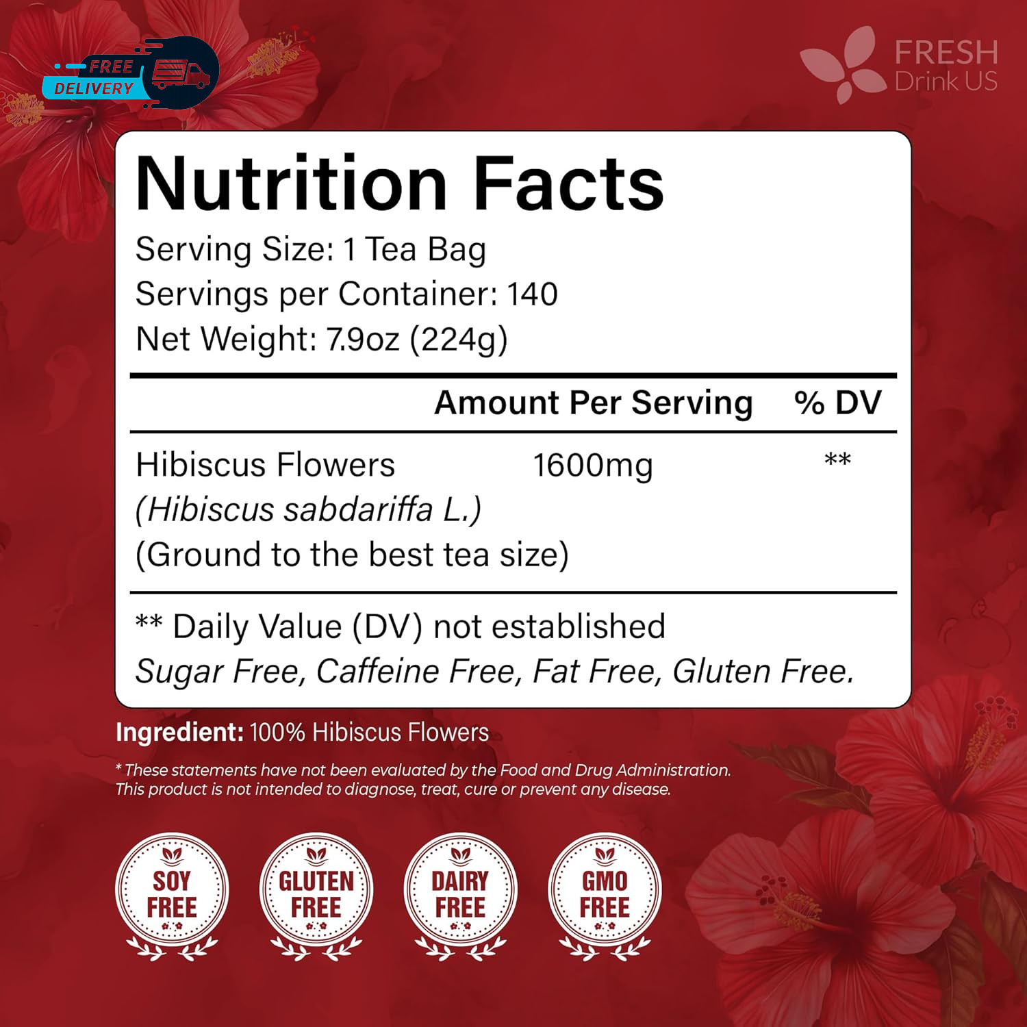 140 Hibiscus Flowers Tea Bags 100% Natural, Pure from Hibiscus Flowers.