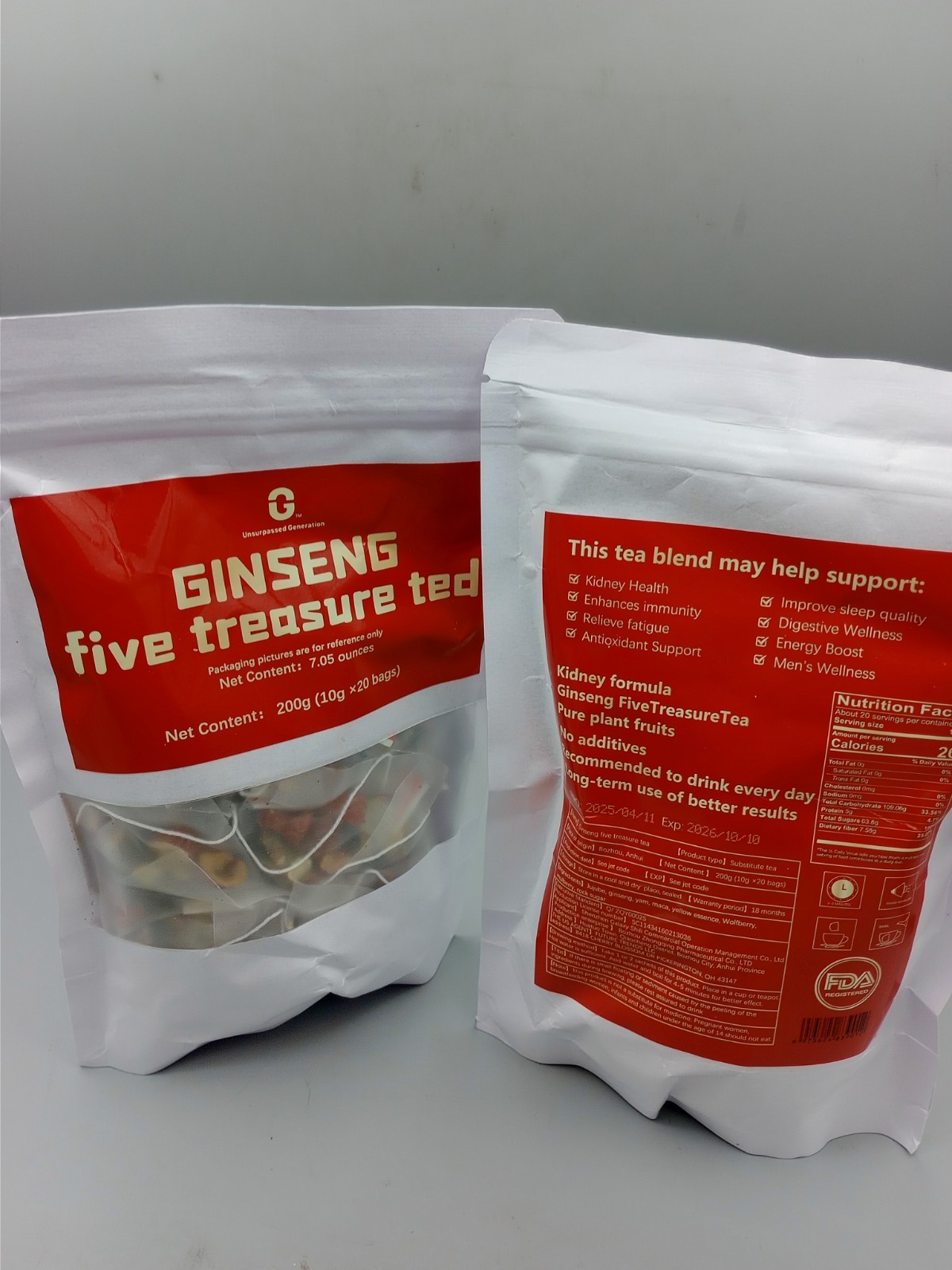 Ginseng Treasure Tea Herbal Blend – 200g (20 Bags x 2 Package) Exp 10/2026