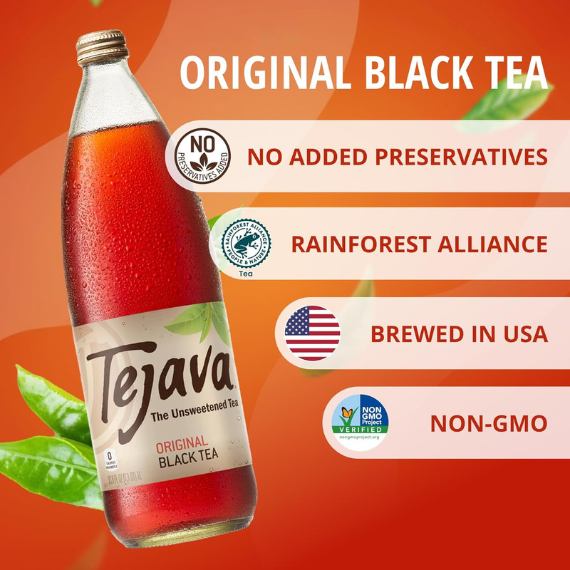 Tejava Black Iced Tea, Original Unsweetened, 12 Pack, 1L Glass Bottles, No Sugar