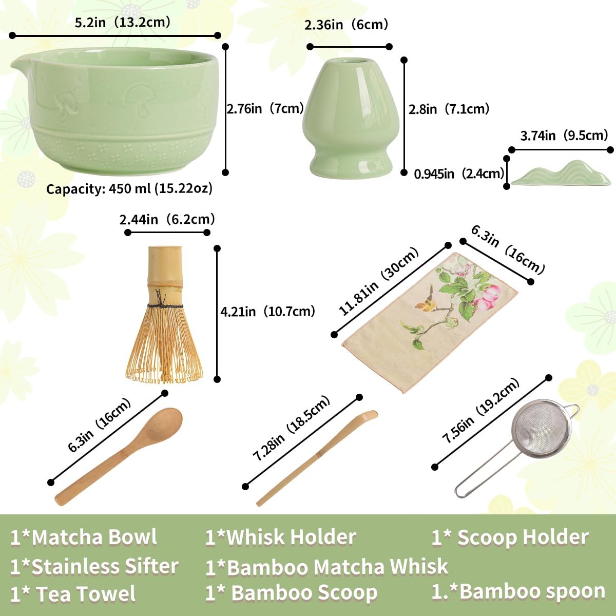 Matcha Set, 8-Piece Ceramic Matcha Bowl & Whisk Kit with Mushroom Pattern, Tr…