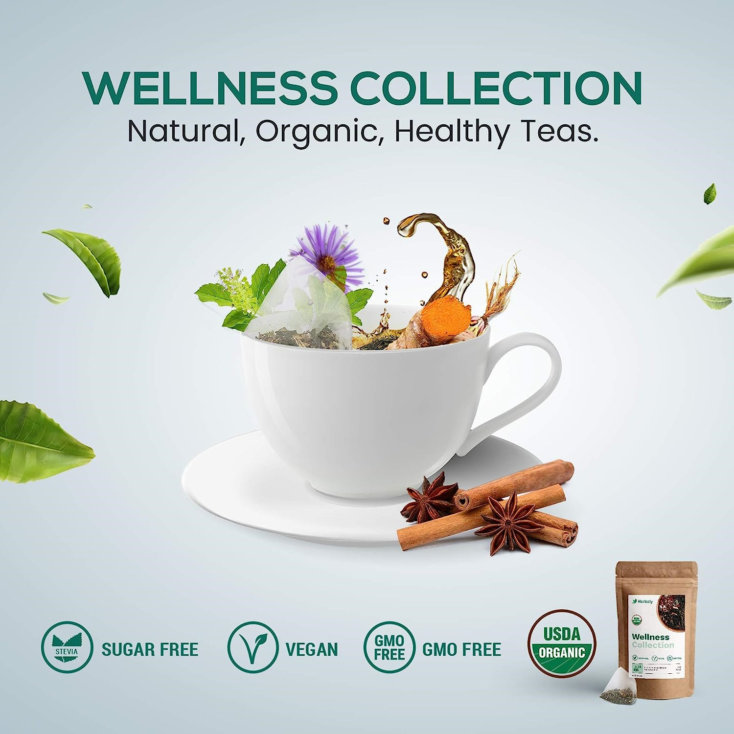Herbaly Wellness Collection Organic Herbal Ginger Tea, 70 g, 28 Count Bag Pack 1