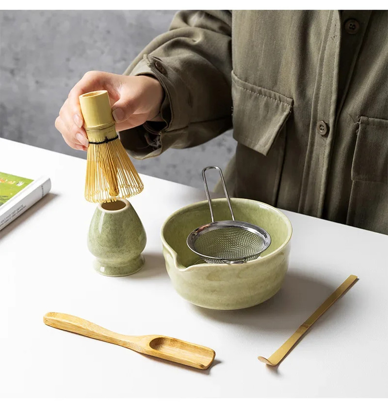4PCS Matcha Set Bamboo Whisk Teaspoon Ceramic Bowl Tranditional Tea Sets Home Te