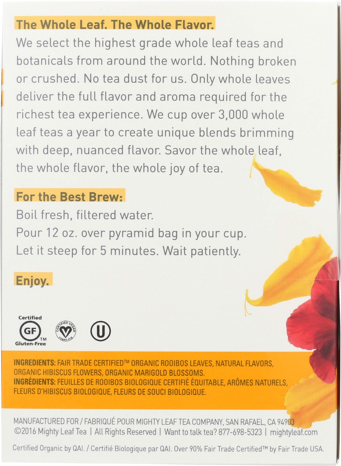 Whole Leaf Tea, Organic African Nectar, 15 Tea Bags Individual Pyramid-Style …