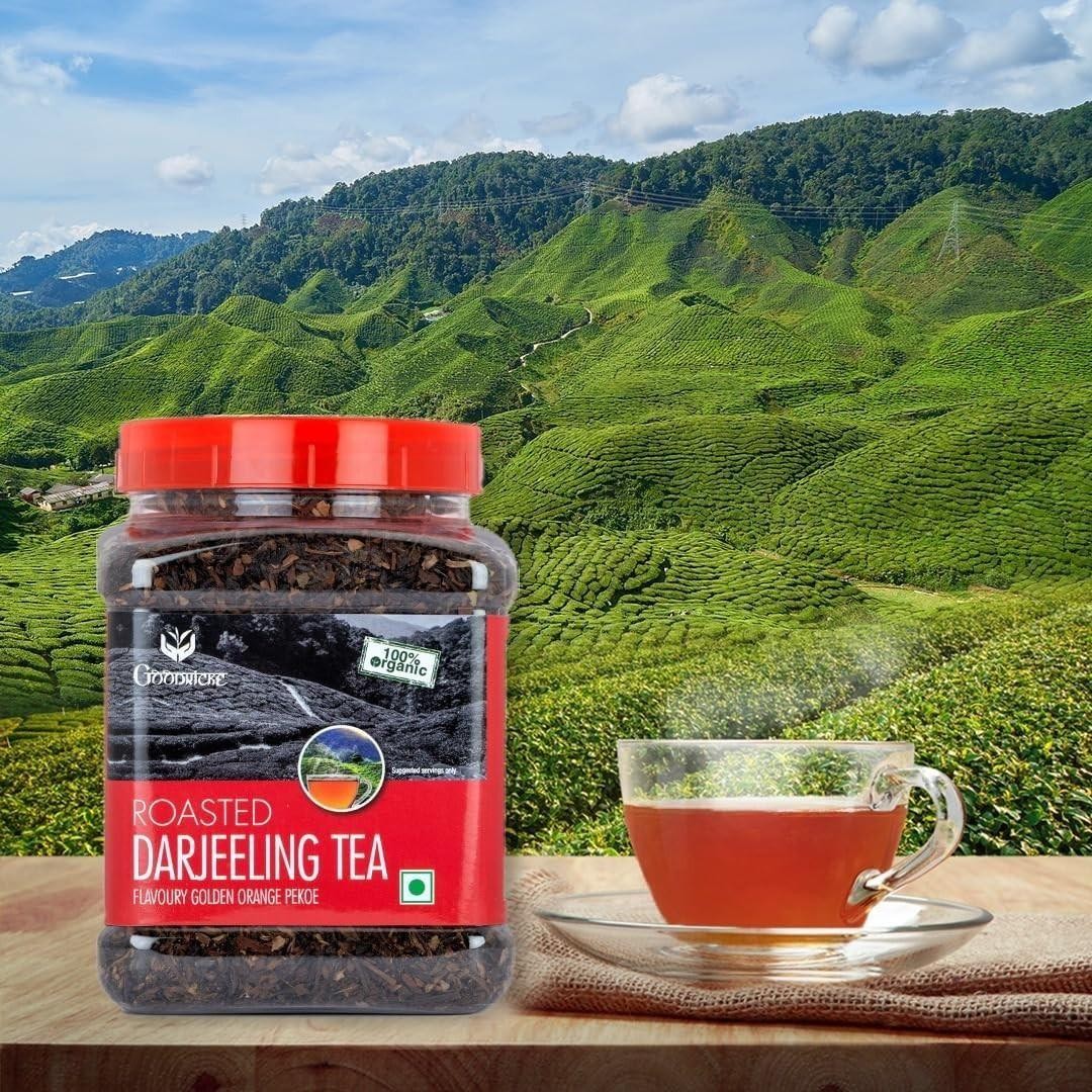 GOODRICKE Roasted Organic Darjeeling Tea Jar 250gm Flavoury Golden Orange Pekoe